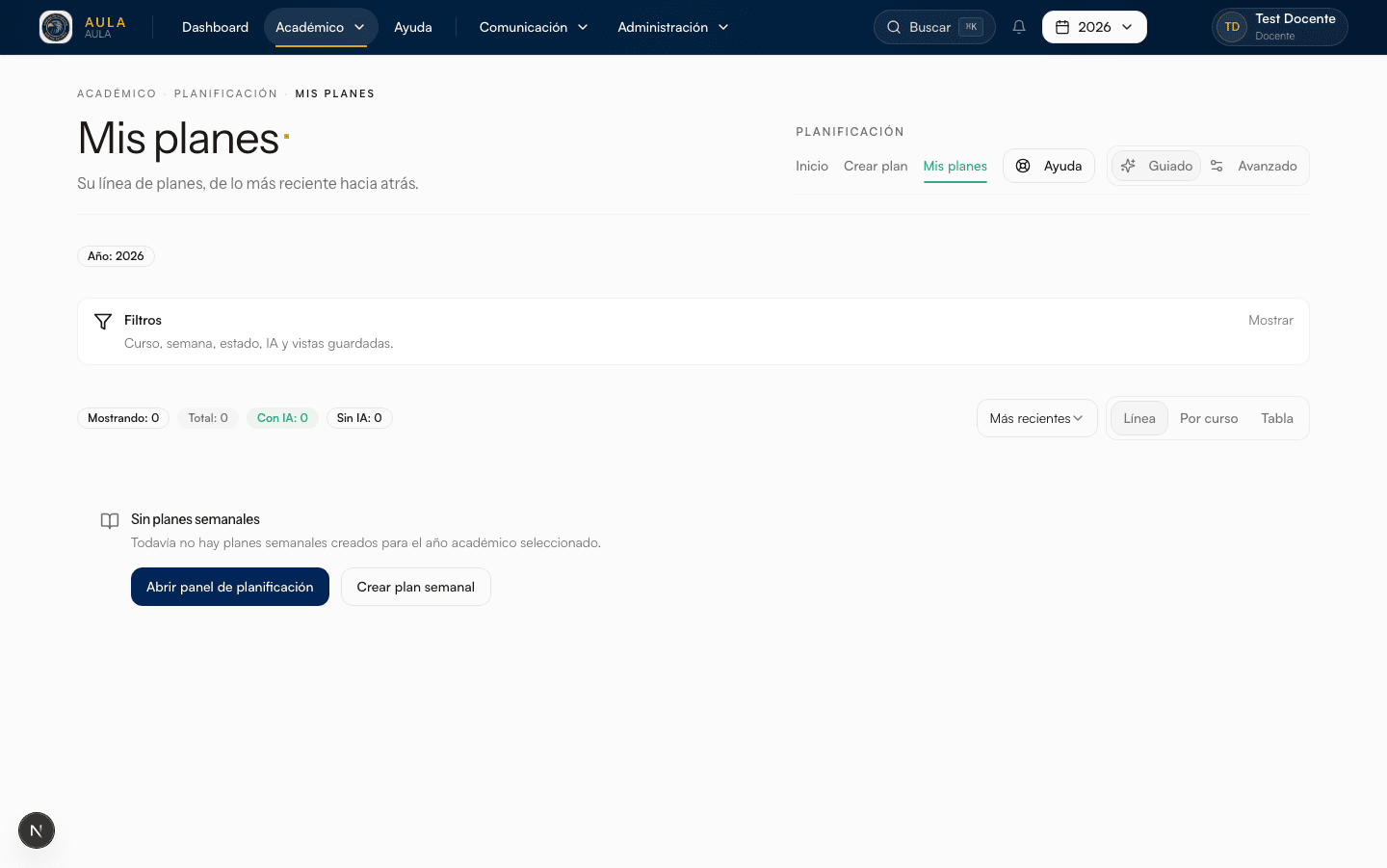 Mis planes guarda el trabajo como una línea, de lo más reciente hacia atrás. Los filtros esperan plegados: primero el trabajo, después el control fino.