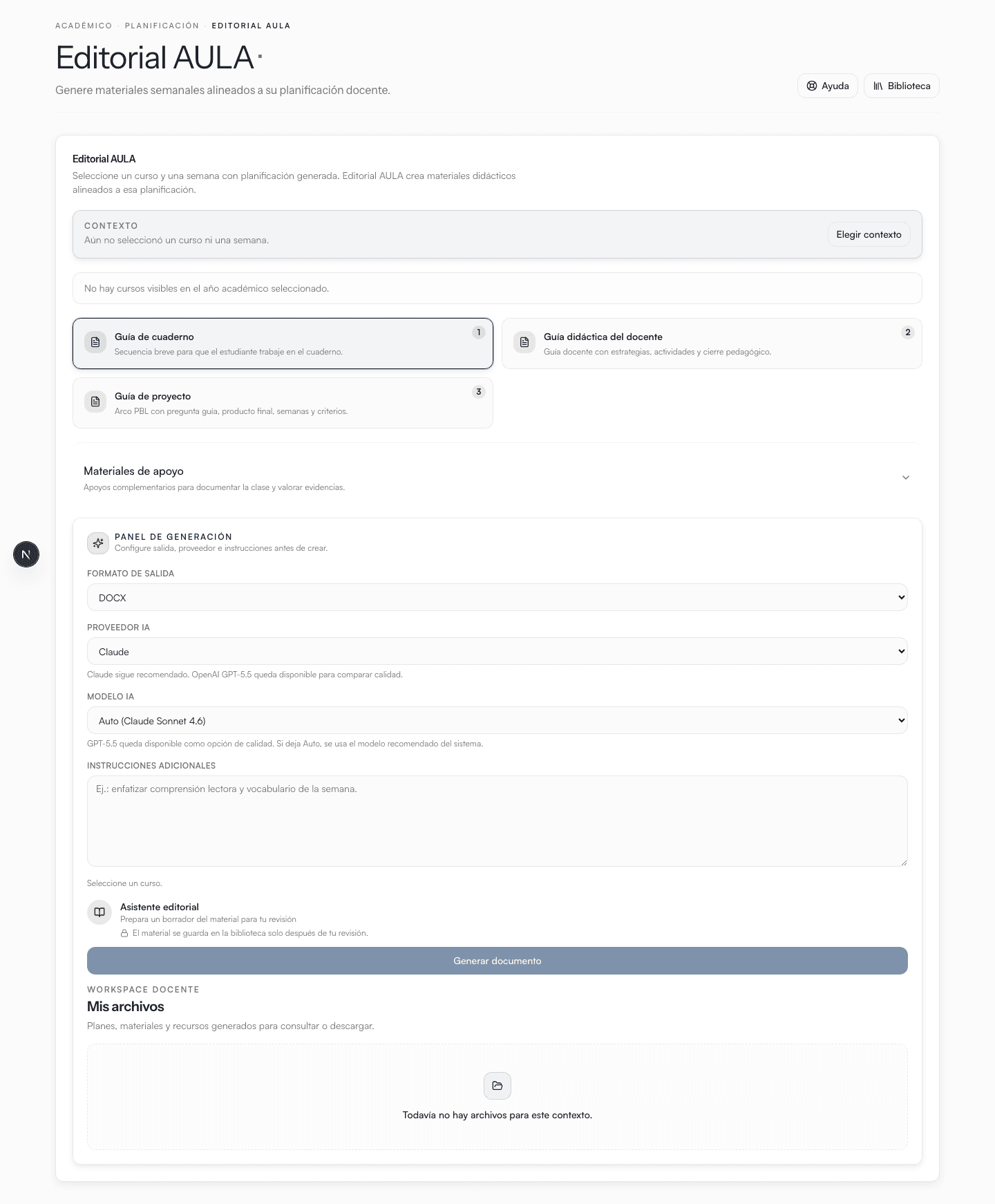 Generación de materiales didácticos alineados a la planificación. El docente elige el tipo de recurso y la IA prepara un borrador editable y exportable.