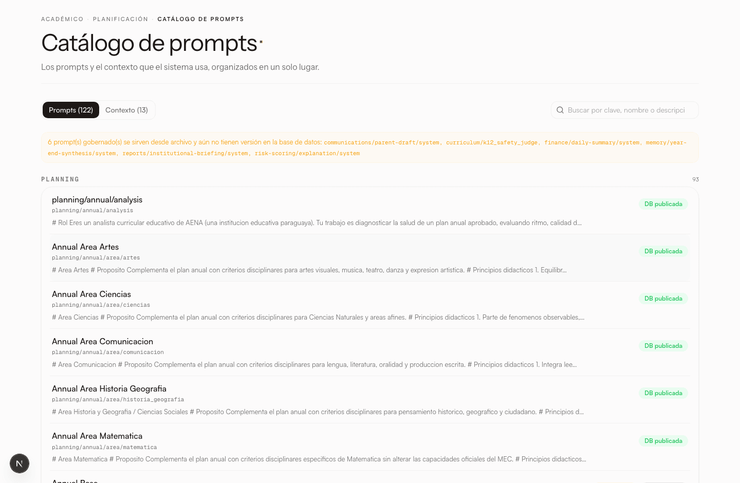 Catálogo de prompts: cada función de IA del sistema es una instrucción versionada y publicada, no una improvisación.