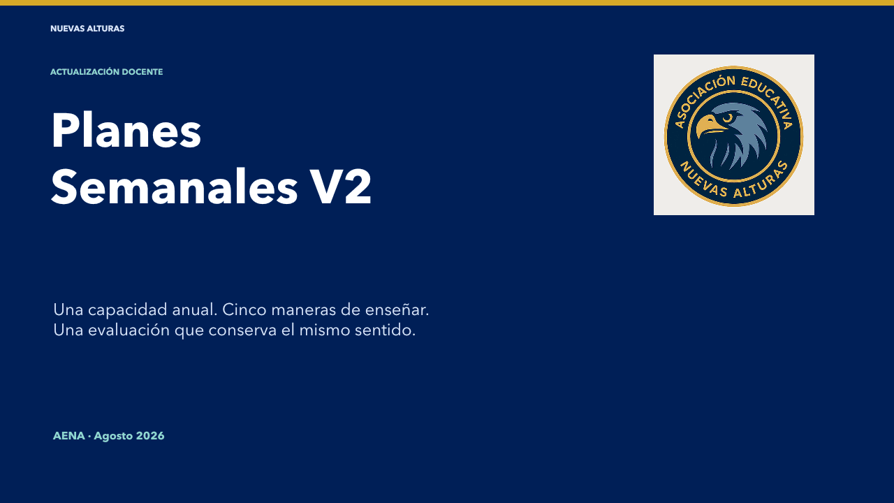 Presentación de Planes Semanales V2 de AENA: una capacidad anual, cinco maneras de enseñar y una evaluación coherente.
