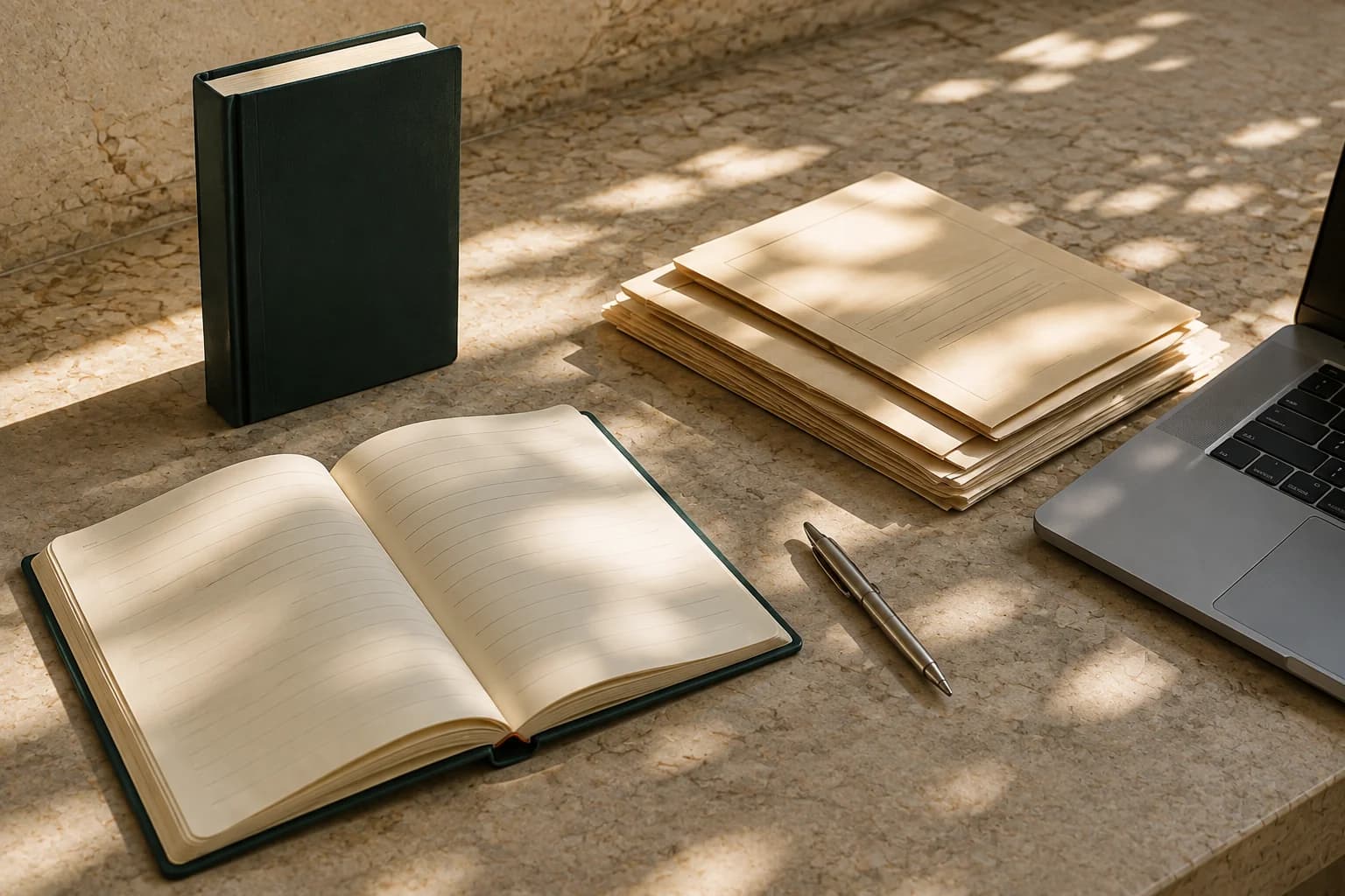 Cuadernos, documentos y un ordenador sobre una mesa de trabajo